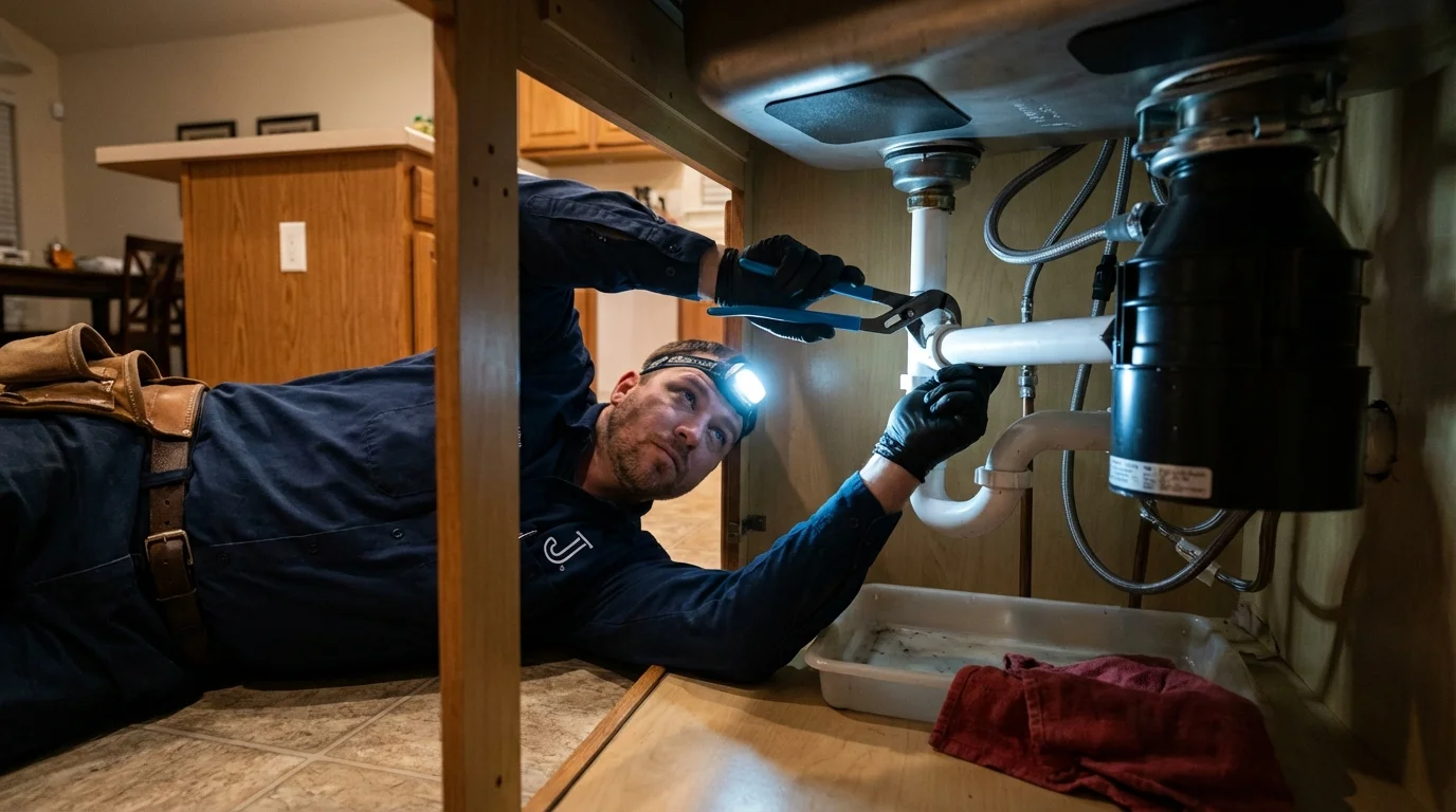 P-trap and supply line connections under a kitchen sink showing a common leak point in Santee, CA